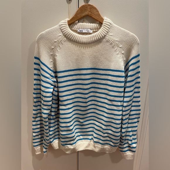 New Zara Cotton Fisherman Sweater with Turquoise Stripes - Picture 2 of 5